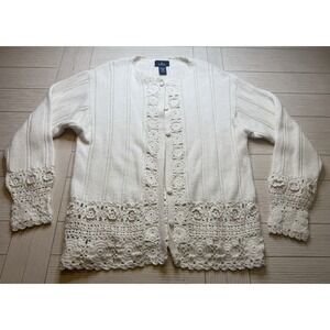 OBR Vintage Knit Ivory Women's Cardigan‎ W/ Crochet Trim. Cotton. Long Sleeve. L